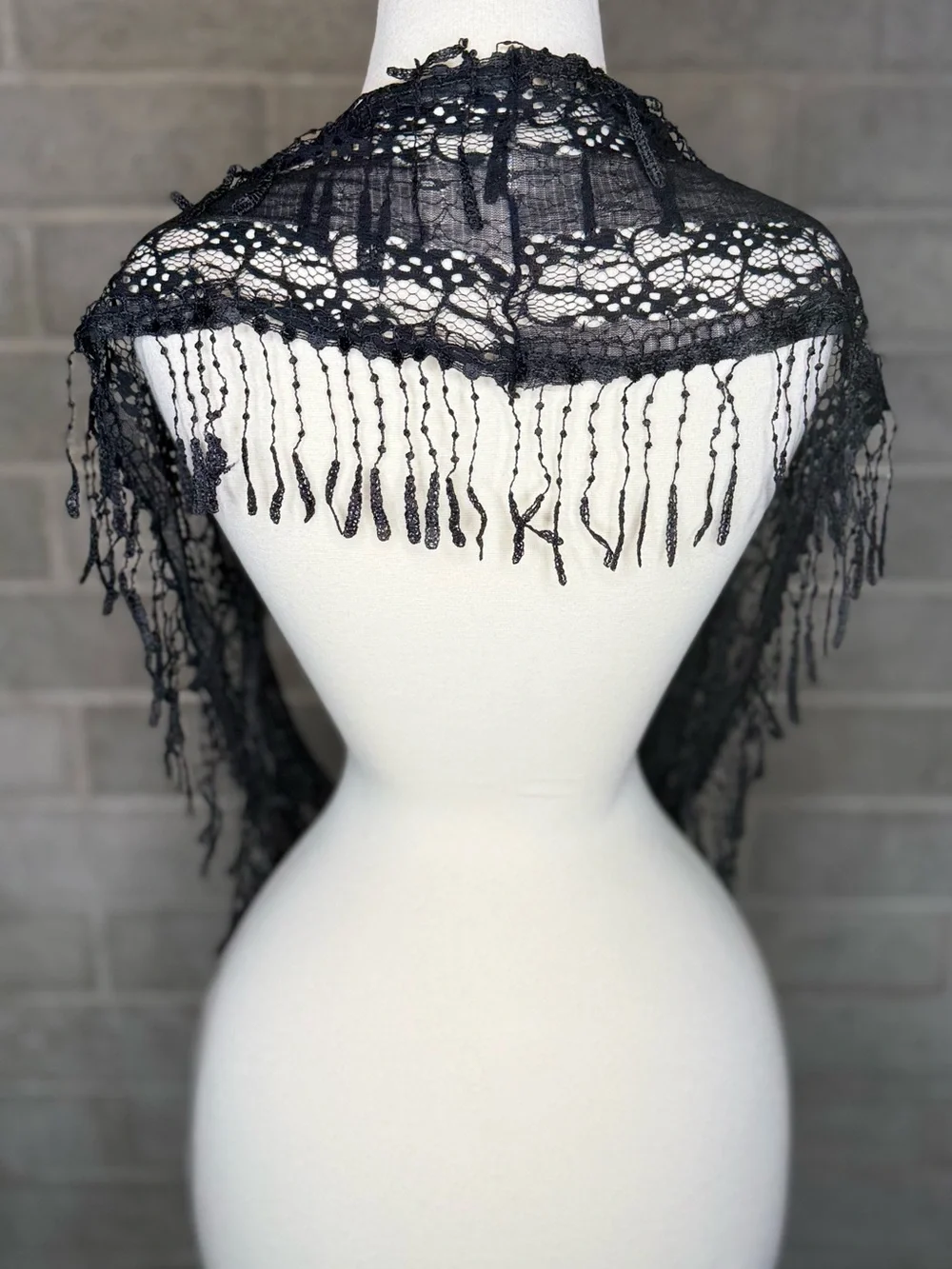 Black Lace Infinity Scarf Fringe Sheer Boho Gothic Festival Lightweight Wrap OS